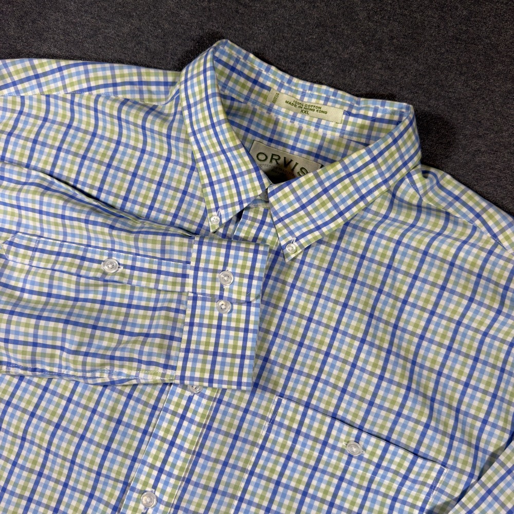 Orvis Button Down Shirt Mens XXL Blue Green Plaid Long Sleeve Cotton Casual